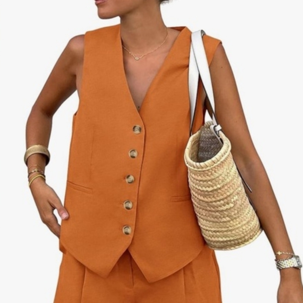 PrettyGarden Orange Button-Up Summer Vest Small Preppy Academia Euro Summer